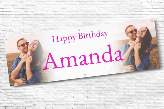 Personalised Ladies twin Photo with fade Birthday Banner with Pink Text