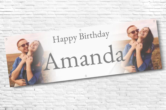 Personalised Ladies twin Photo with fade Birthday Banner with Grey Text