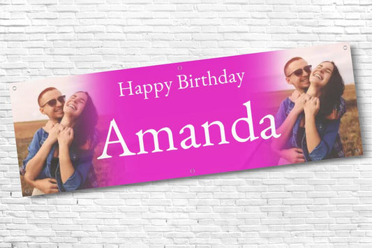 Personalised twin Photo with Pink fade Birthday Banner