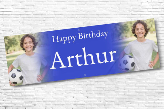 Personalised twin Photo with Blue fade Birthday Banner