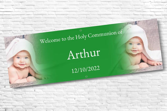 Personalised any text twin photo green fade Holy Communion Banner