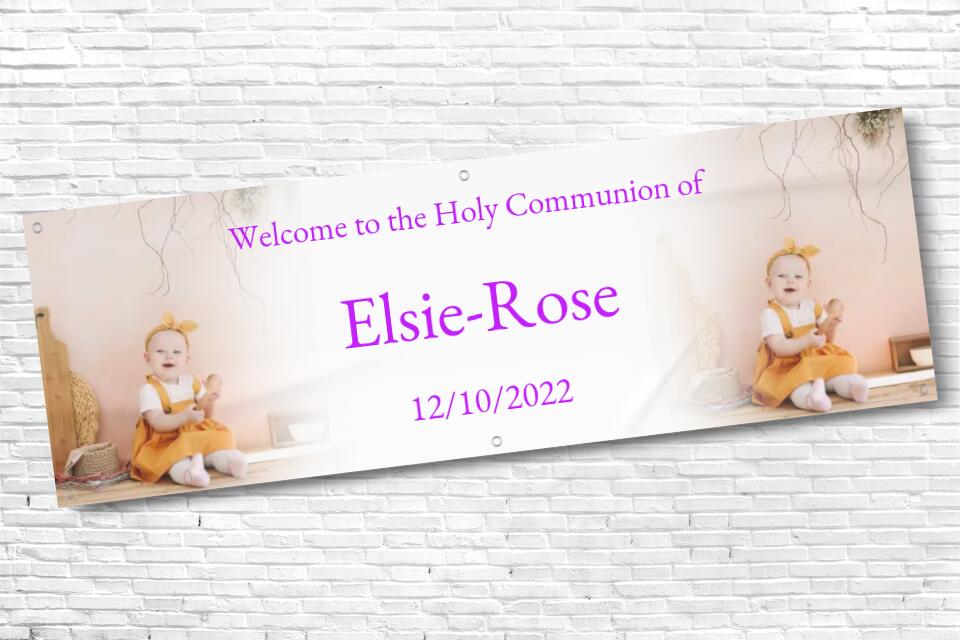 Personalised twin Photo with fade Holy Communion Banner with Purple Text