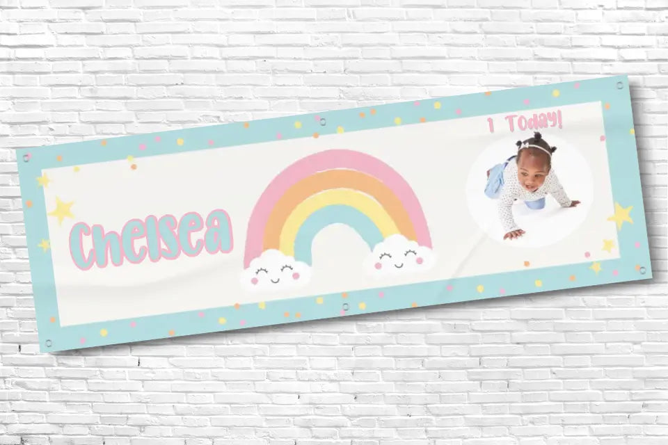 Personalised Girls Rainbow 1st Birthday Banner with Any Photo