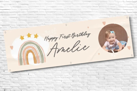 Personalised Girls Rainbow Boho 1st Birthday Banner With Photo