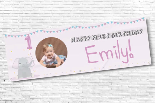 Personalised Girls Bunting and Elephant Holding Balloon 1st Birthday Banner With Any Photo and Any Text
