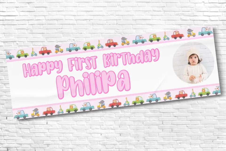 Personalised Girls 1st Birthday Car Banner With Any Photo and Any Text