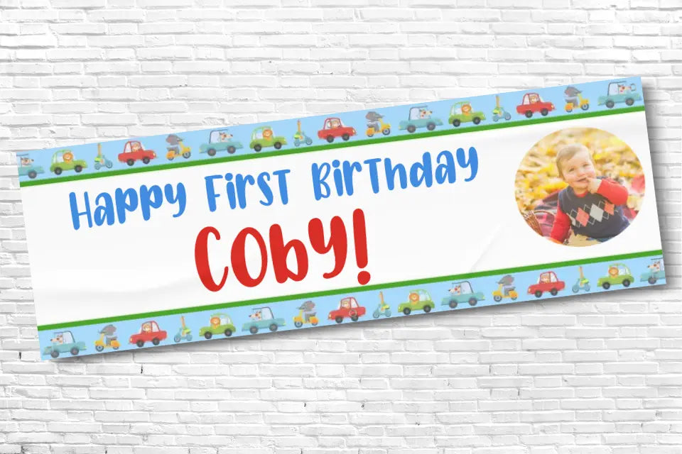 Personalised Boys 1st Blue Car Birthday Banner With Any Text and Any Photo