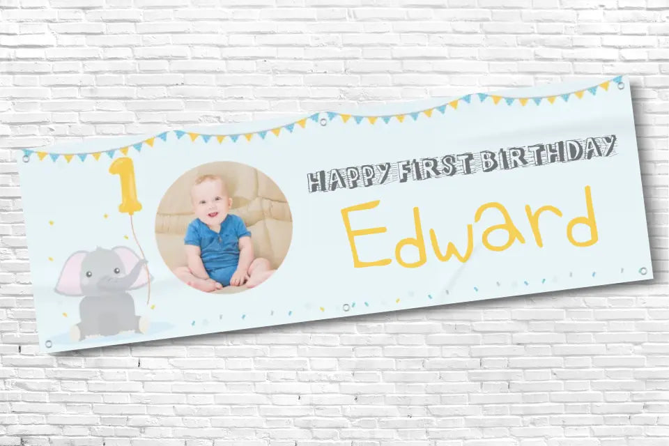 Personalised Boys Elephant Holding Balloon 1st Birthday Banner With Any Text and Any Photo