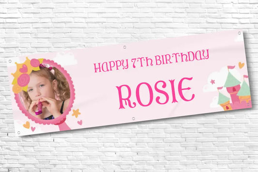 Personalised Girls Any Age and Name and photo pink Princess Birthday Banner