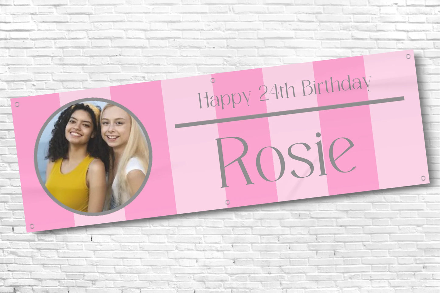 Ladies pink stripe birthday banner