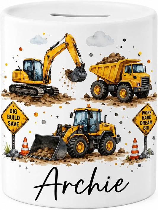 Vacso Trading Personalised Construction Money Box Ceramic Digger Savings Bank Excavator Dumper Truck Gift for Boys