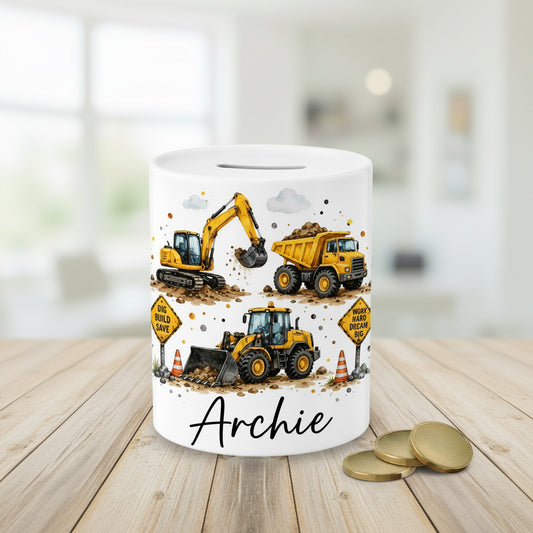 Vacso Trading Personalised Construction Money Box Ceramic Digger Savings Bank Excavator Dumper Truck Gift for Boys