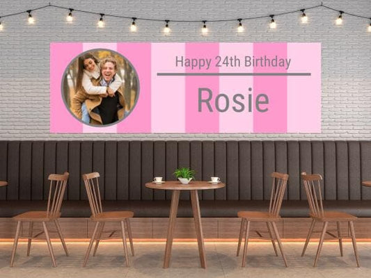 Ladies Personalised Pink Stripe Birthday Banner.