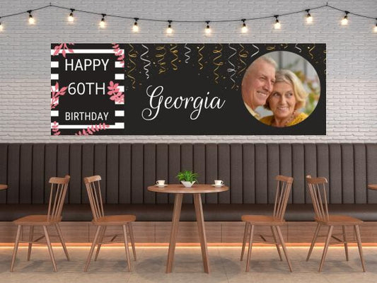 Ladies Black Streamer Personalised Birthday Banner with Age and Name