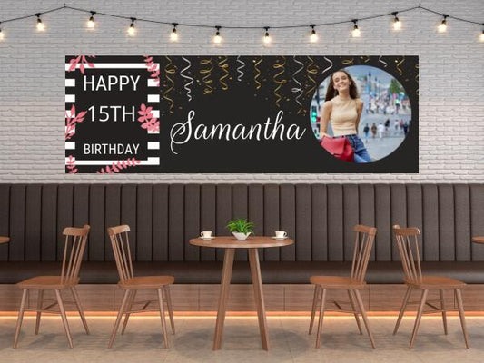Girls Black Streamer Personalised Birthday Banner with Age and Name