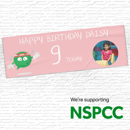 Personalised Official NSPCC Buddy Sporty Girls Birthday Banner with any name and text and Age