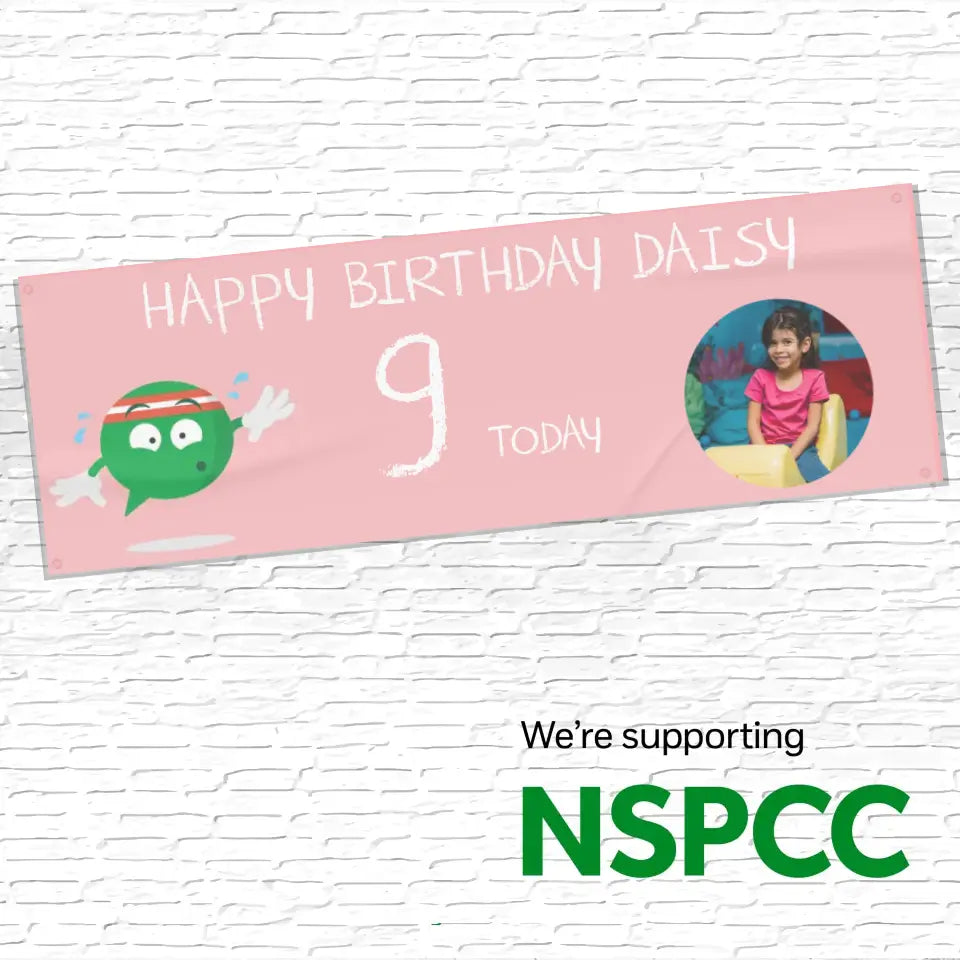 Official NSPCC Buddy character, pink personalised banner with photo