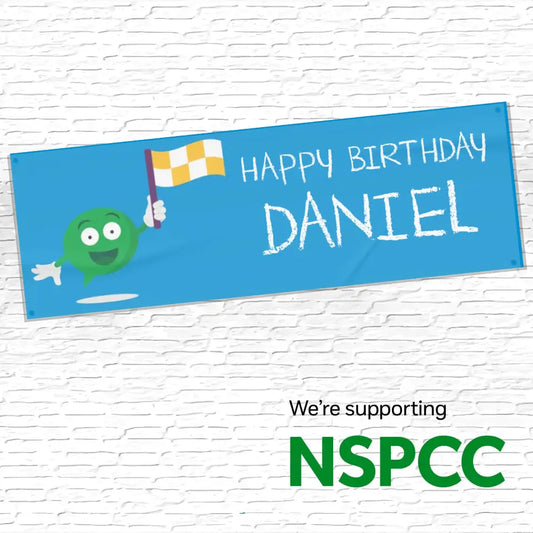 Official NSPCC Buddy character, personalised blue banner