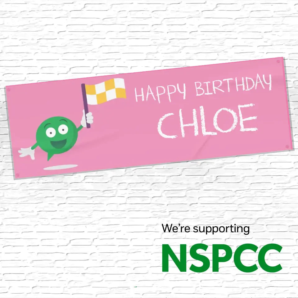 Official NSPCC Buddy character, personalised pink banner