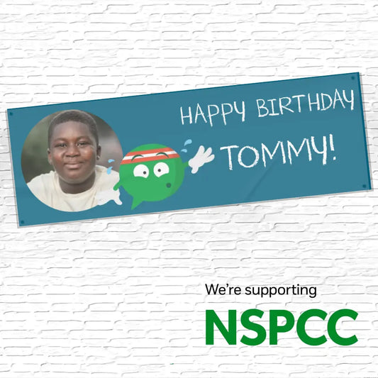 Official NSPCC Buddy character, personalised teal banner with photo