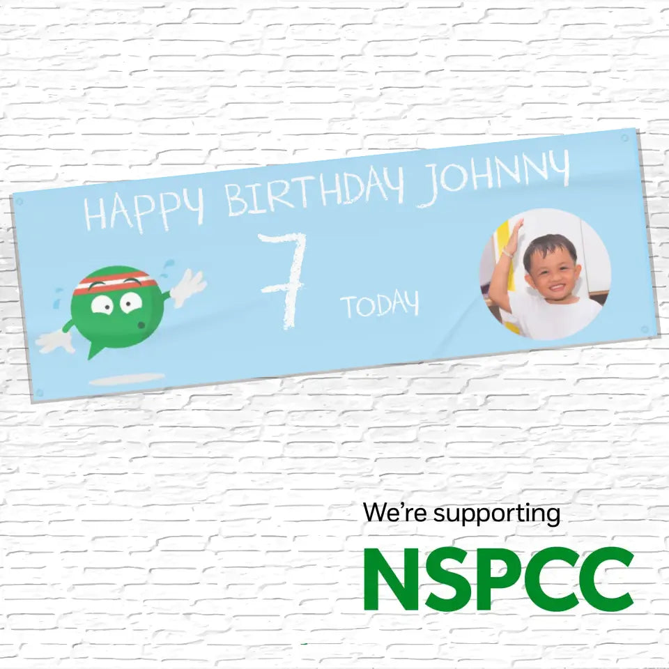 Official NSPCC Buddy character, personalised baby blue banner with photo