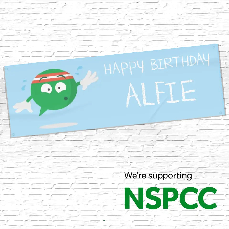 Official NSPCC Buddy character, personalised baby blue banner