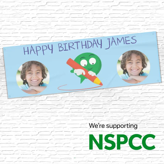 Official NSPCC Buddy character, personalised baby blue banner with twin photo