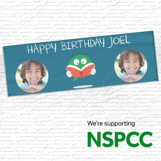 Official NSPCC Buddy character reading, personalised teal banner with twin photo