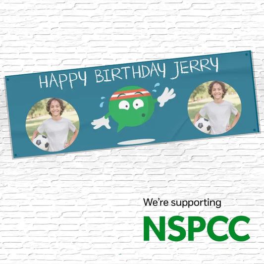Official NSPCC Buddy character exercising, personalised teal banner with twin photos