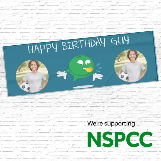 Official NSPCC Buddy character sporty, personalised teal banner with twin photo