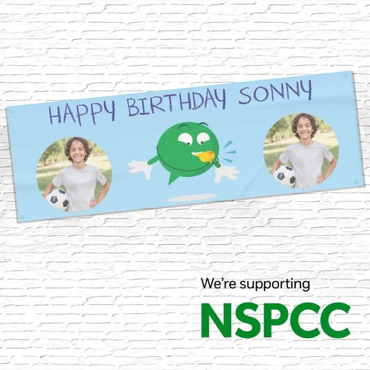 Official NSPCC Buddy sporty character, personalised baby blue banner with twin photo