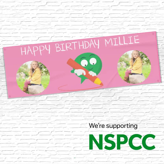 Official NSPCC Buddy character drawing, personalised pink banner with twin photo