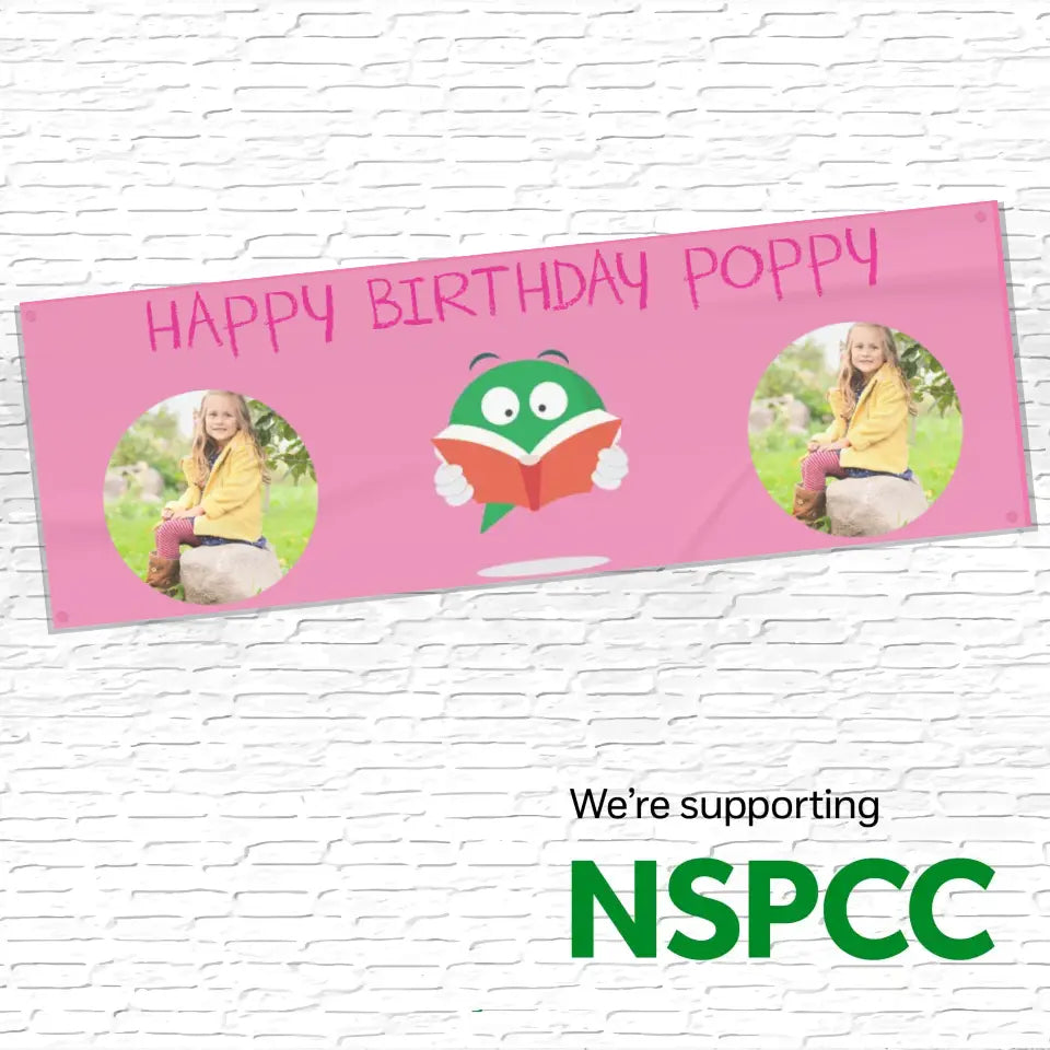 Official NSPCC Buddy character reading, personalised pink banner with twin photo