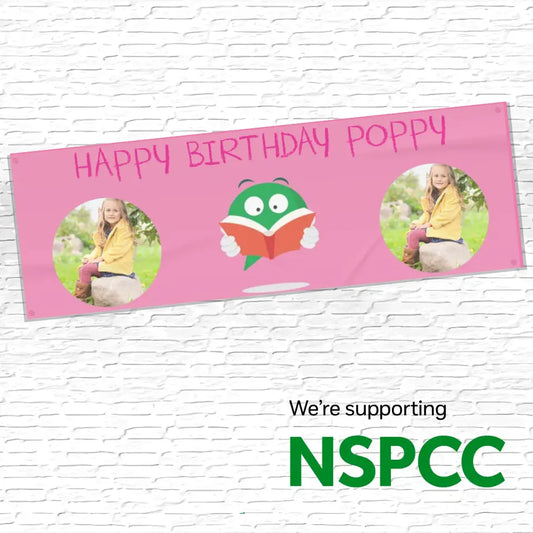 Official NSPCC Buddy character reading, personalised pink banner with twin photo