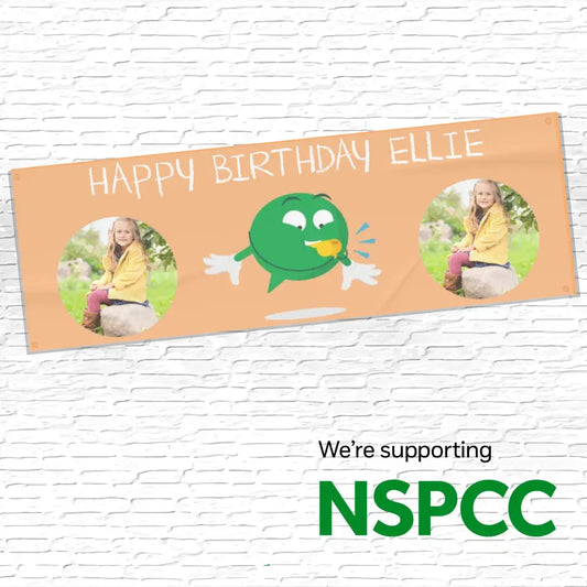 Official NSPCC Buddy character, personalised orange banner with twin photo