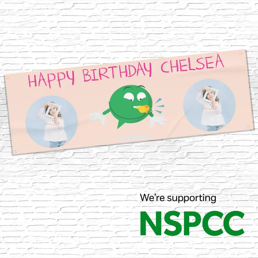 Official NSPCC Buddy character, personalised peach banner with twin photo