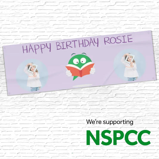 Official NSPCC Buddy character, personalised purple banner with twin photo