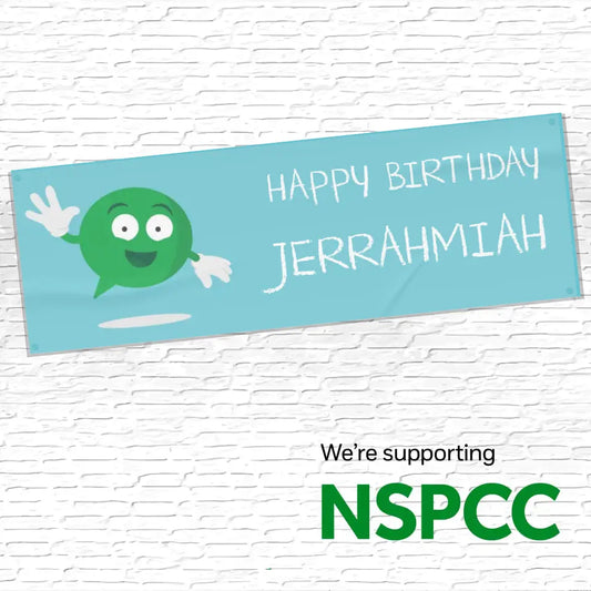 Official NSPCC Buddy character waving, personalised blue banner