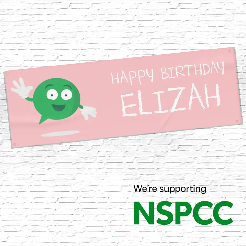 Official NSPCC Buddy character waving, personalised pink banner