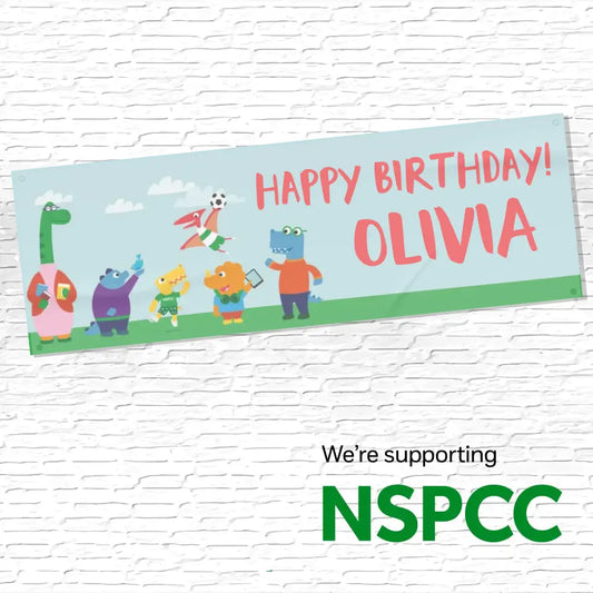 Official NSPCC Pantosaurus character and friends, personalised banner pink text