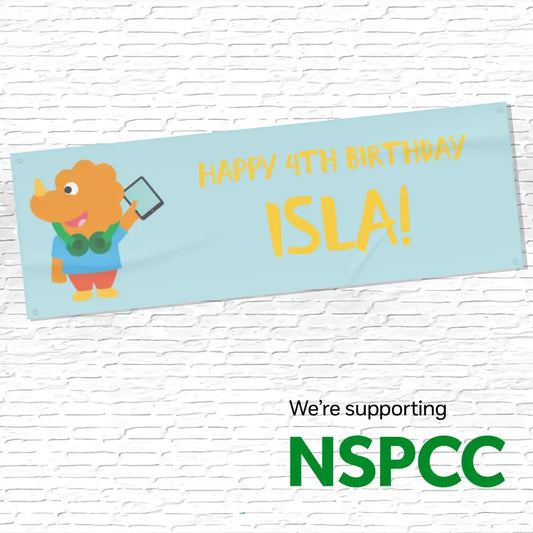 Official NSPCC Pantosaurus character, personalised blue banner with yellow text