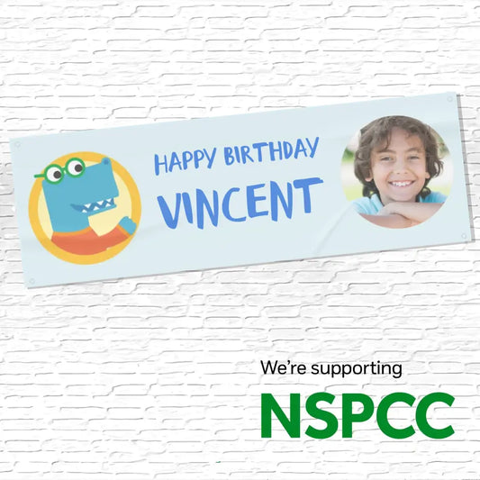 Official NSPCC Pantosaurus character, personalised blue banner with yellow text and photo