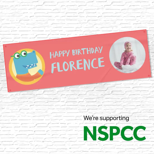 Official NSPCC Pantosaurus character, personalised banner with blue text and photo