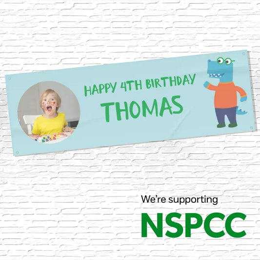Official NSPCC Pantosaurus character, personalised blue banner with green text and photo