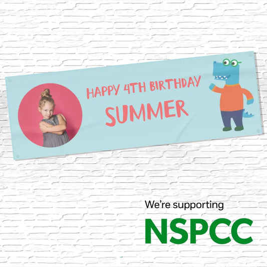 Official NSPCC Pantosaurus character waving, personalised blue banner with pink text and photo