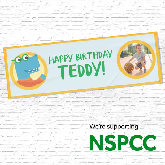 Official NSPCC Pantosaurus character, personalised blue banner with yellow boarder and photo