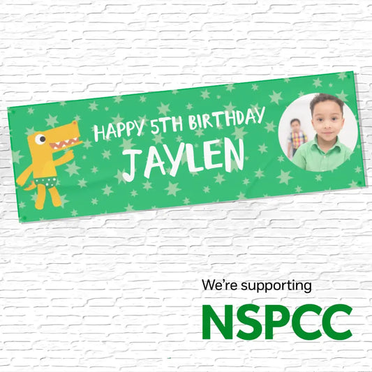 Official NSPCC Pantosaurus character, personalised green star banner and photo