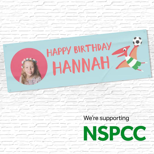 Official NSPCC Pantosaurus character sporty, personalised blue banner, pink text and photo