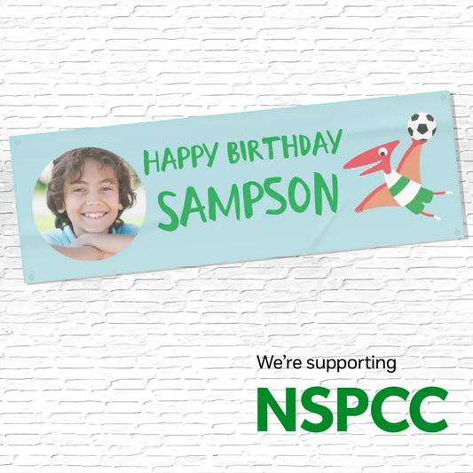 Official NSPCC Pantosaurus character sporty, personalised blue banner, green text and photo