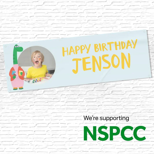 Official NSPCC Pantosaurus character, personalised blue banner, yellow text and photo